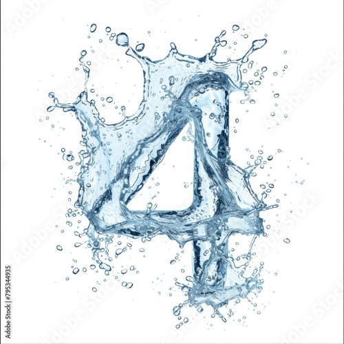 Number 4 made from water splashes. Blue water splash alphabet isolated on white background. Stylized font, capital number 4.