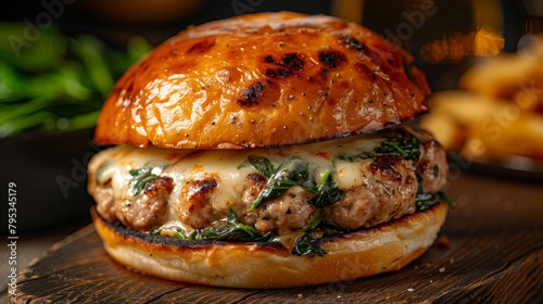 Mozzarella and spinach stuffed turkey burger on toasted bun, highlighted with close-up details of cheese melt, studio lighting, isolated
