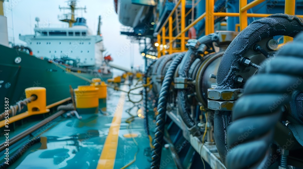 Fototapeta premium Intricate Refueling Infrastructure: Ocean Liner Connected to Refueling Ship