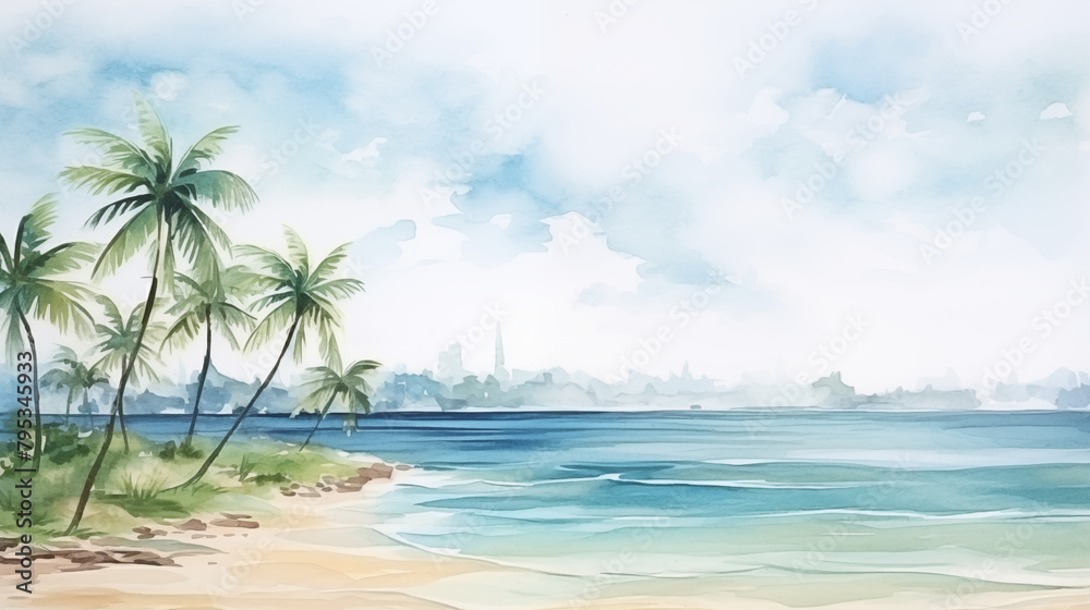Palm trees on the beach, water color style. Palm trees on the beach, water color style.