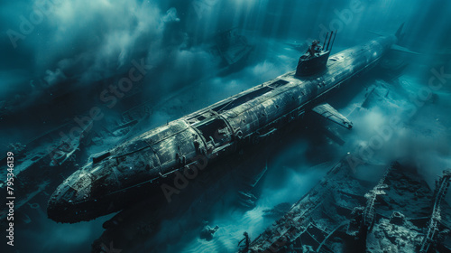 A submarine descending into the depths of the ocean, surrounded by mysterious underwater creatures and ancient shipwrecks, representing the exploration of the ocean's uncharted depths. photo