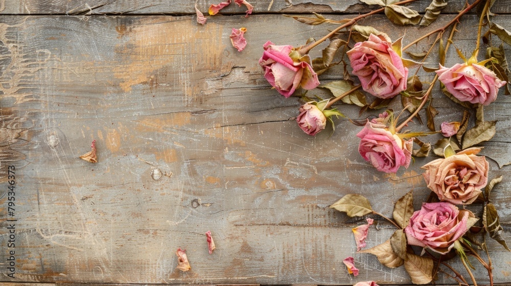 Pink roses on wood