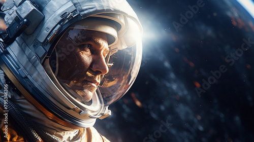 Close up astronaut flying in the universe through space 