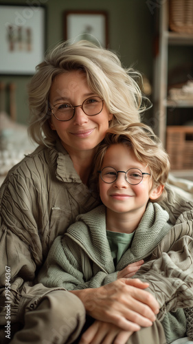 A woman and a boy are sitting on a couch, both smiling