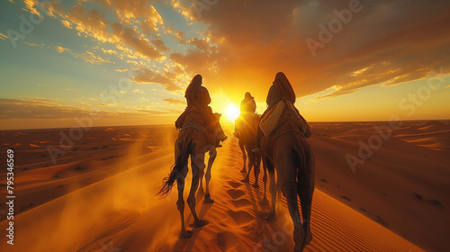 Adventurers riding camels across vast desert dunes, with the sun setting on the horizon, capturing the rugged beauty and vastness of desert landscapes.