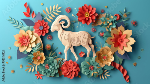 Eid celebration Paper Crafted Ram Amidst Floral Backdrop  A beautifully crafted paper ram stands surrounded by a vibrant array of handcrafted flowers against a serene turquoise background.