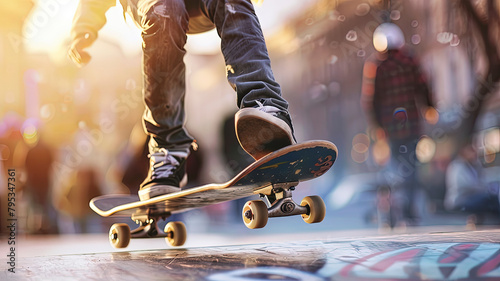 skateboarder doing skate tricks on the road, close up of skateboarder