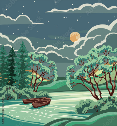 Night landscape with the moon and boats. linear vector illustration