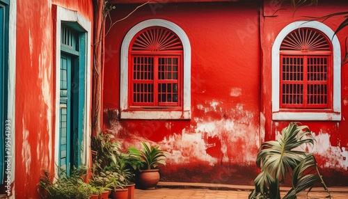 Goan Elegance: Red Portuguese House with Iconic Windows photo