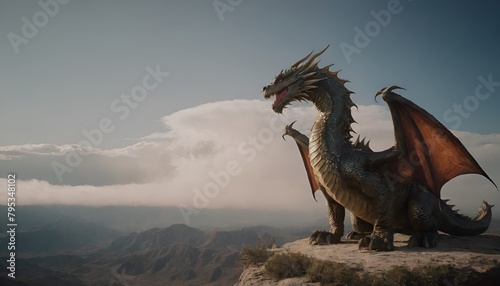 The dragon takes on the warlock, the brave warriors in the fantasy world. © Nattarat