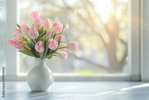 A bouquet of pink tulips in a white vase close-up on a table on a blurred background in a home sunny light interior with space for text. Banner. Greeting card with spring mood #795348110
