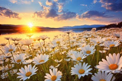 Field of Vibrant daisy blossom sunset landscape outdoors
