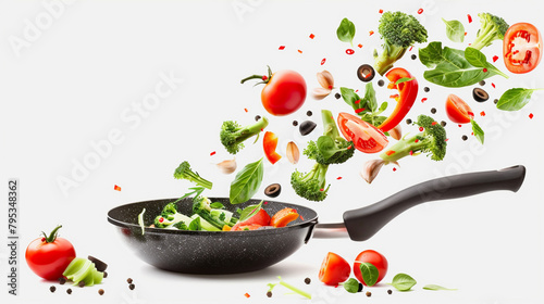 Vegetables flying out of the pan isolated on white background ,Generative ai