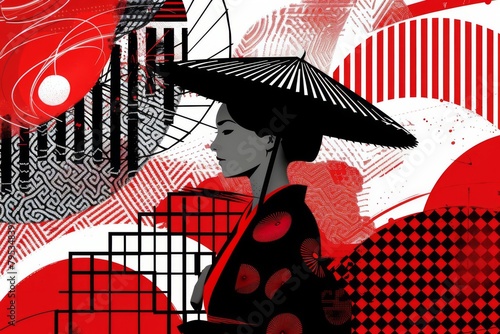 futuristic japaneseinspired geometric pattern with umbrella silhouette abstract digital illustration photo