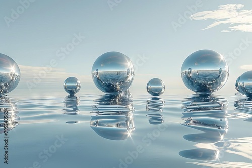 futuristic serenity shimmering chrome spheres floating in tranquil waters 3d abstract landscape photo