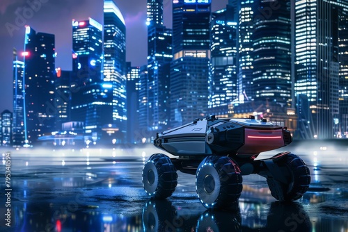 futuristic unmanned ground vehicle patrolling cityscape at night digital art
