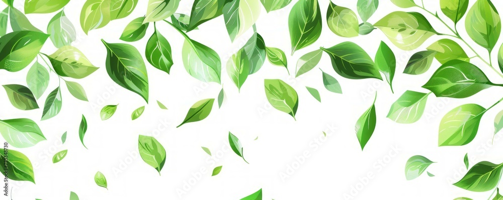 Green flying leaves on long white banner. Leaf falling. Wave foliage ornament. Vegan, eco, organic design element. Cosmetic pattern border. Fresh tea background. Beauty product. Green flying leaves on long white banner. Leaf falling. Wave foliage ornament. Vegan, eco, organic design element. Cosmetic pattern border. Fresh tea background. Beauty product.
