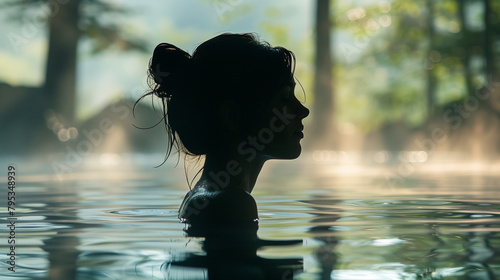 Side view of a young Japanese woman soaking in an onsen with steam rising in a serene forest environment at dusk.