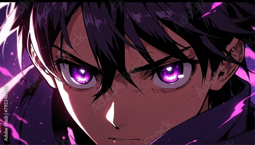bright purple fierce glowing eyes guy anime cartoon close-up from Generative AI photo