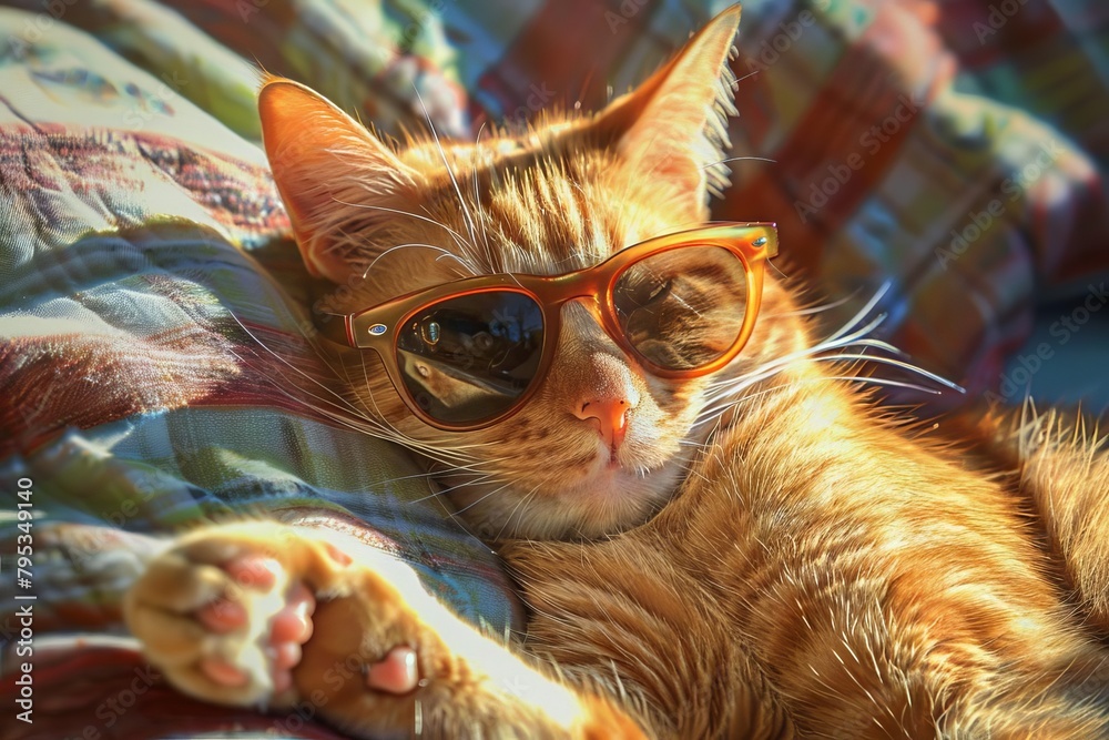 Fototapeta premium ginger cat lounging in the sun wearing sunglasses digital art