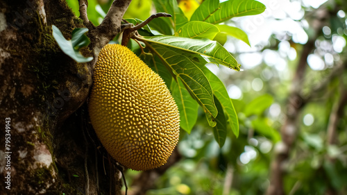 Jackfruit hanging on tree with green leaves. Natural fruit growth and tropical agriculture concept for design and print. photo