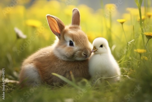 Rabbit and a chick outdoors animal rodent
