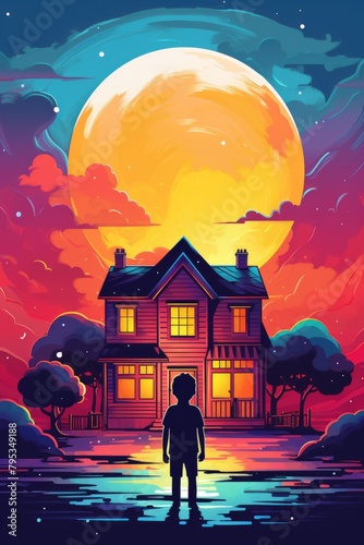 child stand in front of wooden house at colorful night illustration