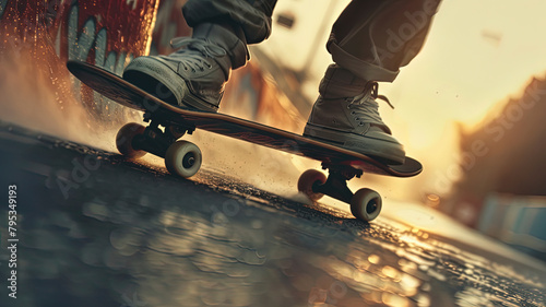 skateboarder doing skate tricks on the road, close up of skateboarder © Gegham