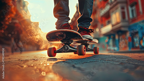 skateboarder doing skate tricks on the road, close up of skateboarder