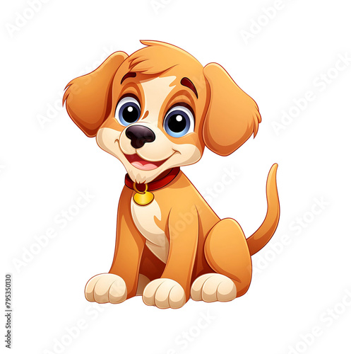 Cheerful cartoon puppy sitting with a big smile, wearing a red collar against a white background. Generative AI