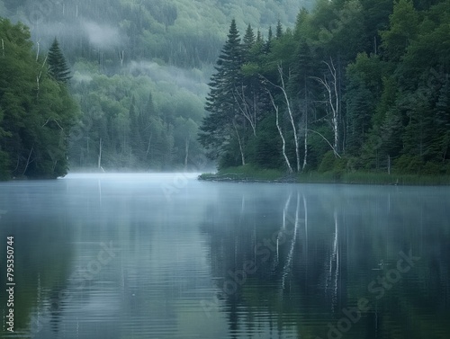 A lake with a forest in the background. The water is calm and the sky is cloudy