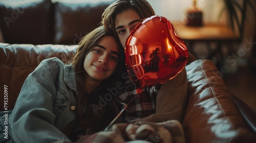 Happy Valentine's Day. Young couple exchanging gifts on the sofa at home. Man giving heart-shaped gift box to woman.