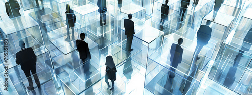 Lonely alienated business people standing in solitude in separate transparent glass cubicles,