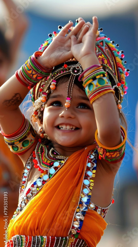 Portrait of a dancing little girl in traditional Indian attire. photo