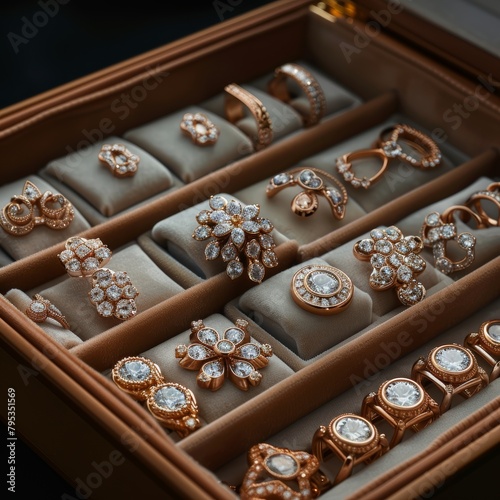 A collection of diamond jewelry displayed in a brown leather box.