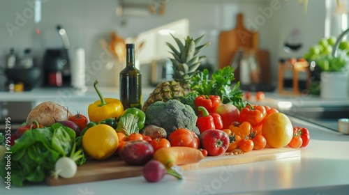 A colorful assortment of fresh fruits and vegetables on a kitchen counter, promoting nutritious eating habits and wellness.