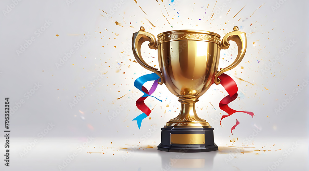 A Championship cup or winner trophy in golden and silver shiny chrome with celebration confetti and ribbon decoration with copy space area, on plain isolated background, ribbons A Championship cup or winner trophy in golden and silver shiny chrome with celebration confetti and ribbon decoration with copy space area, on plain isolated background, ribbons
