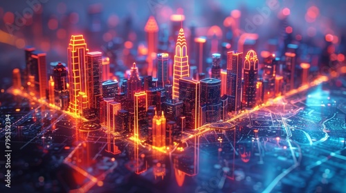 A digital painting of a futuristic city with skyscrapers and glowing lights in red and blue colors. © Lucky_jl