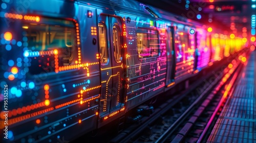 The subway train is decorated with colorful lights and patterns. © Lucky_jl