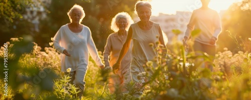 Active seniors enjoying outdoor activities such as walking, gardening, or yoga, promoting vitality and well-being in older adults. © vadymstock