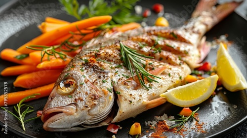 Grilled dorado fish with spices, served with colorful carrots for a flavorful culinary delight
