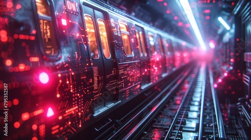 A subway train covered in red lights and technology.