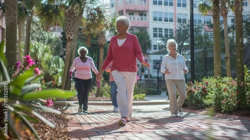 Active seniors enjoying outdoor activities such as walking, gardening, or yoga, promoting vitality and well-being in older adults.
