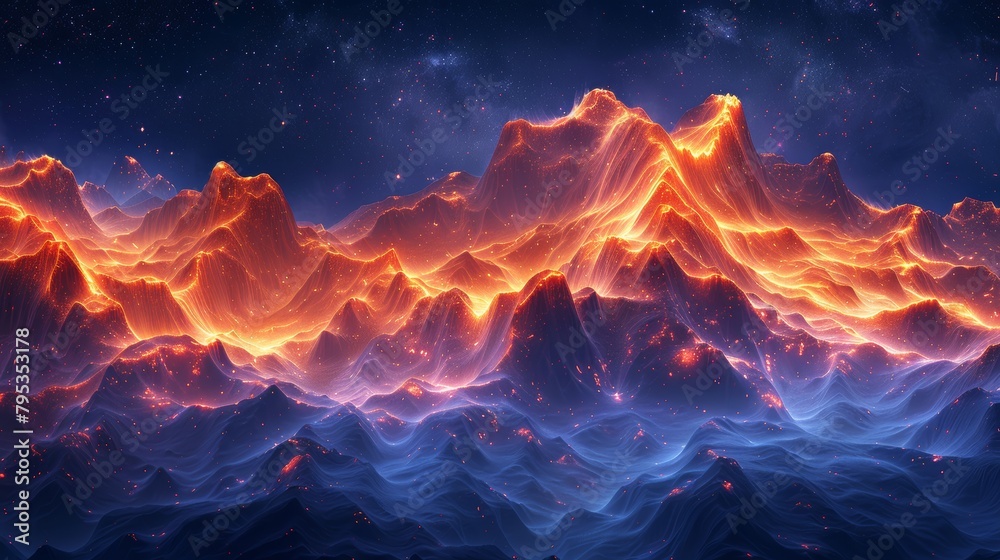 A mountain range on a distant planet with a starry sky and blue glowing lava.