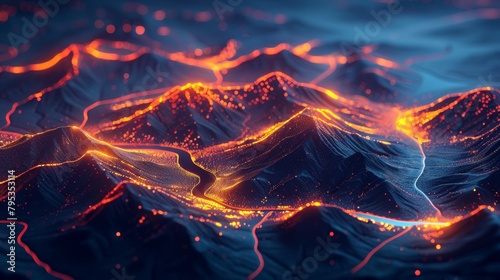 A map of a mountainous region with glowing lava rivers. photo