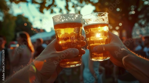 Close-up of two beer glasses making a toast in an outdoor setting, with the sunset behind.