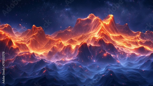 A mountain range on a distant planet with a starry sky and blue glowing lava.