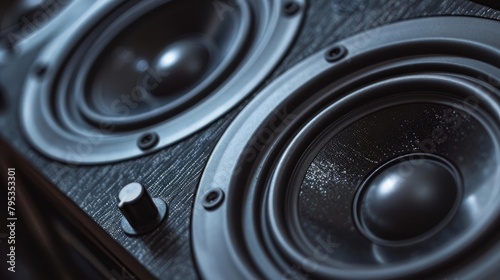 Two black speakers close-up as a background.