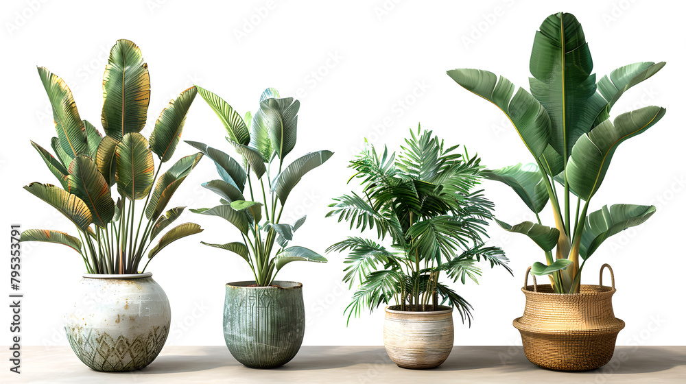 Fototapeta premium Varied Houseplants in Artistic Pots on Wooden Surface, Generative AI