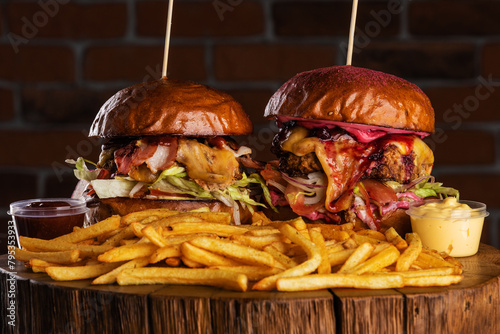 Delicious burgers with fries, sauces and additives